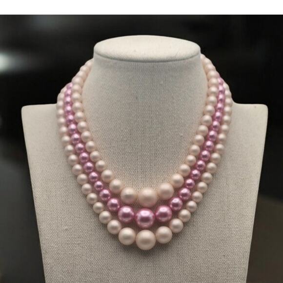 Vintage Mid Century Signed "Japan" Pink Faux Pearl Beaded Multi Strand Necklace - Picture 3 of 6